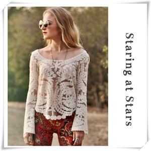 STARING at Stars Full Lace Bell-sleeve Bohemian Sheer Top in Cream Size L